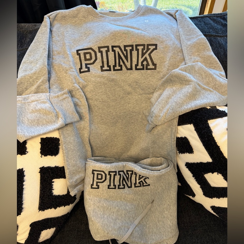 Women’s Pink Letters Print Crewneck Sweatshirt and Drawstring Pants Lt Grey L - Picture 3 of 14